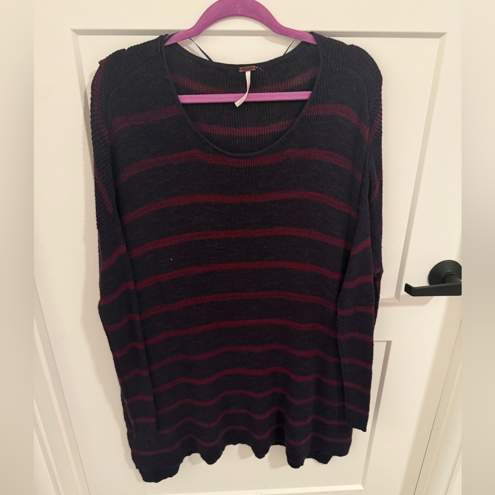Free People Striped Knit Tunic Sweater Black Burgundy Size Medium